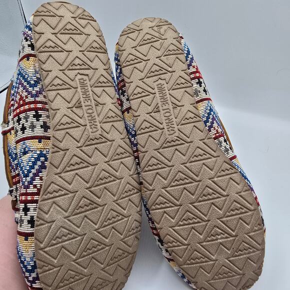 Minnetonka Native American canvas faux fur lining slipper shoes leather bows 9 - Picture 8 of 10